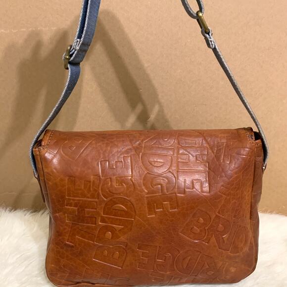 THE BRIDGE Brown Logo-Embossed Leather Vintage Saddle Messenger Bag w/Denim Trim - Picture 11 of 16